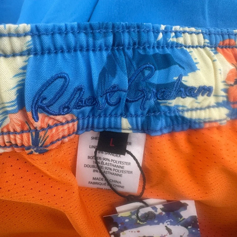 Robert Graham Swim Trunks Mens Large Azure Blue Floral Pocket Regular Modern New
